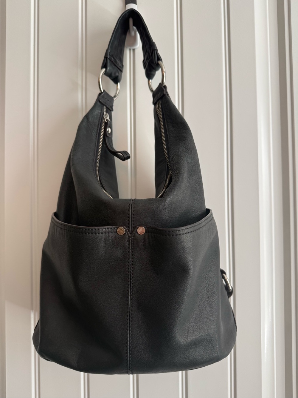 Tignanello Black Leather Slouchy Hobo Bag Stripe Lining